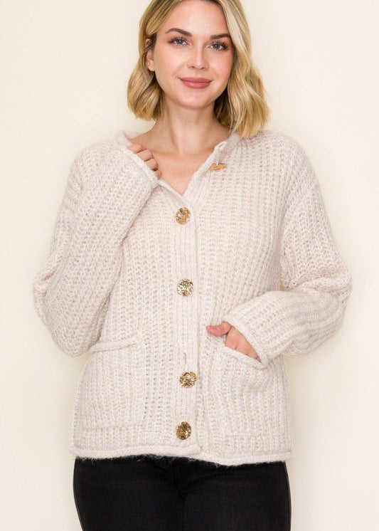 Oatmeal Gold Button Chunky Cardigan - The Nines