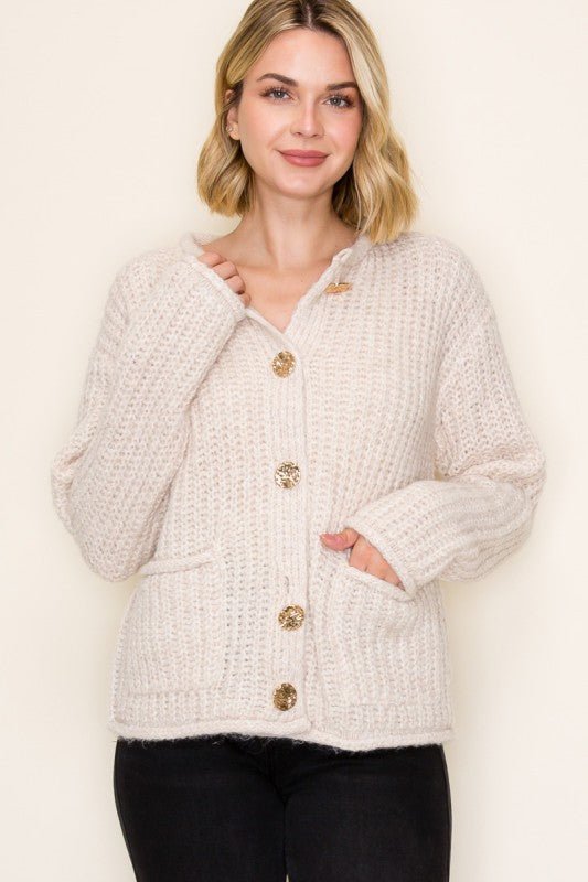 Oatmeal Gold Button Chunky Cardigan - The Nines