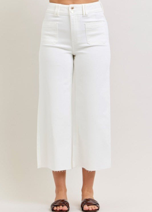 Judy Blue White Crop Wide Leg Front Patch Pocket - The Nines