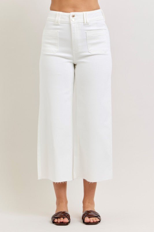Judy Blue White Crop Wide Leg Front Patch Pocket - The Nines