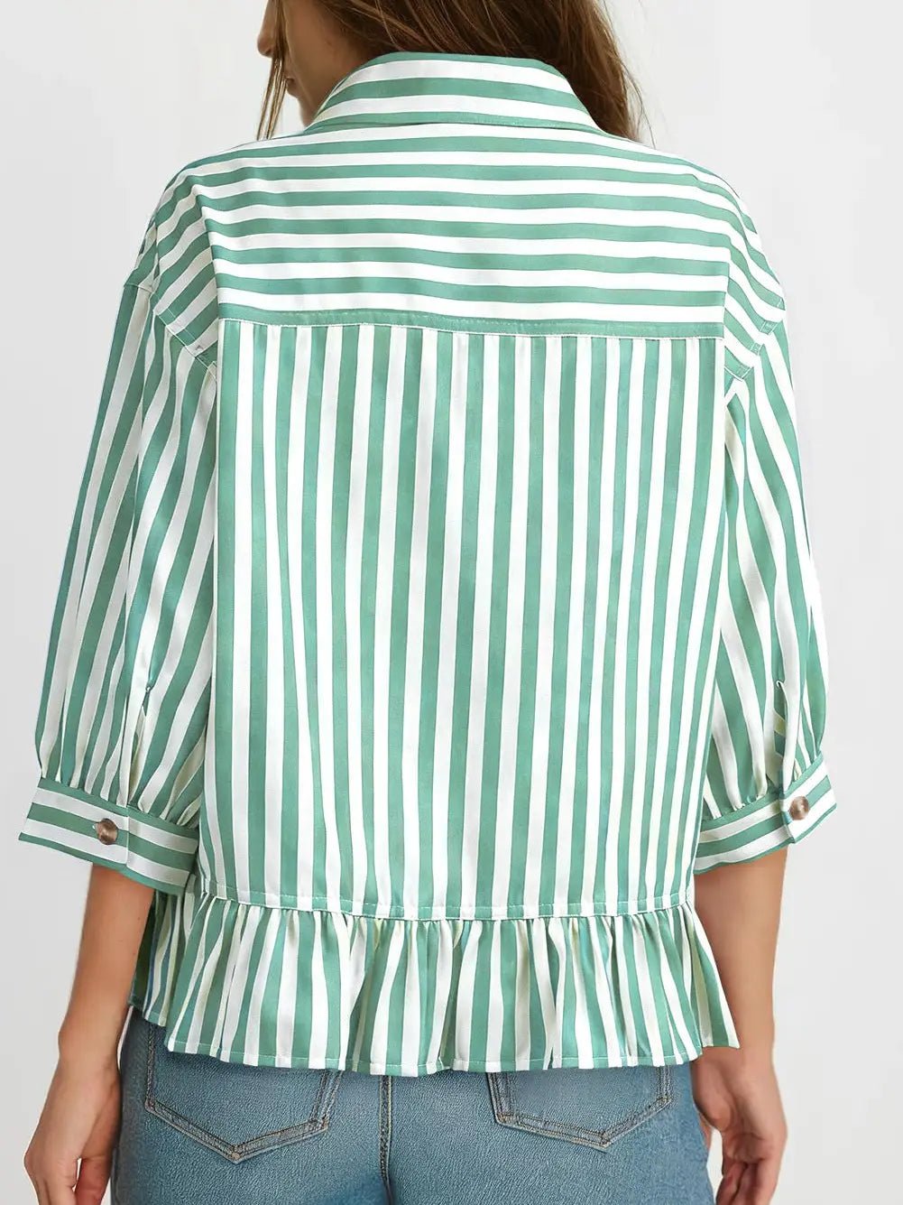Green Striped Ruffle Hem Top - The Nines