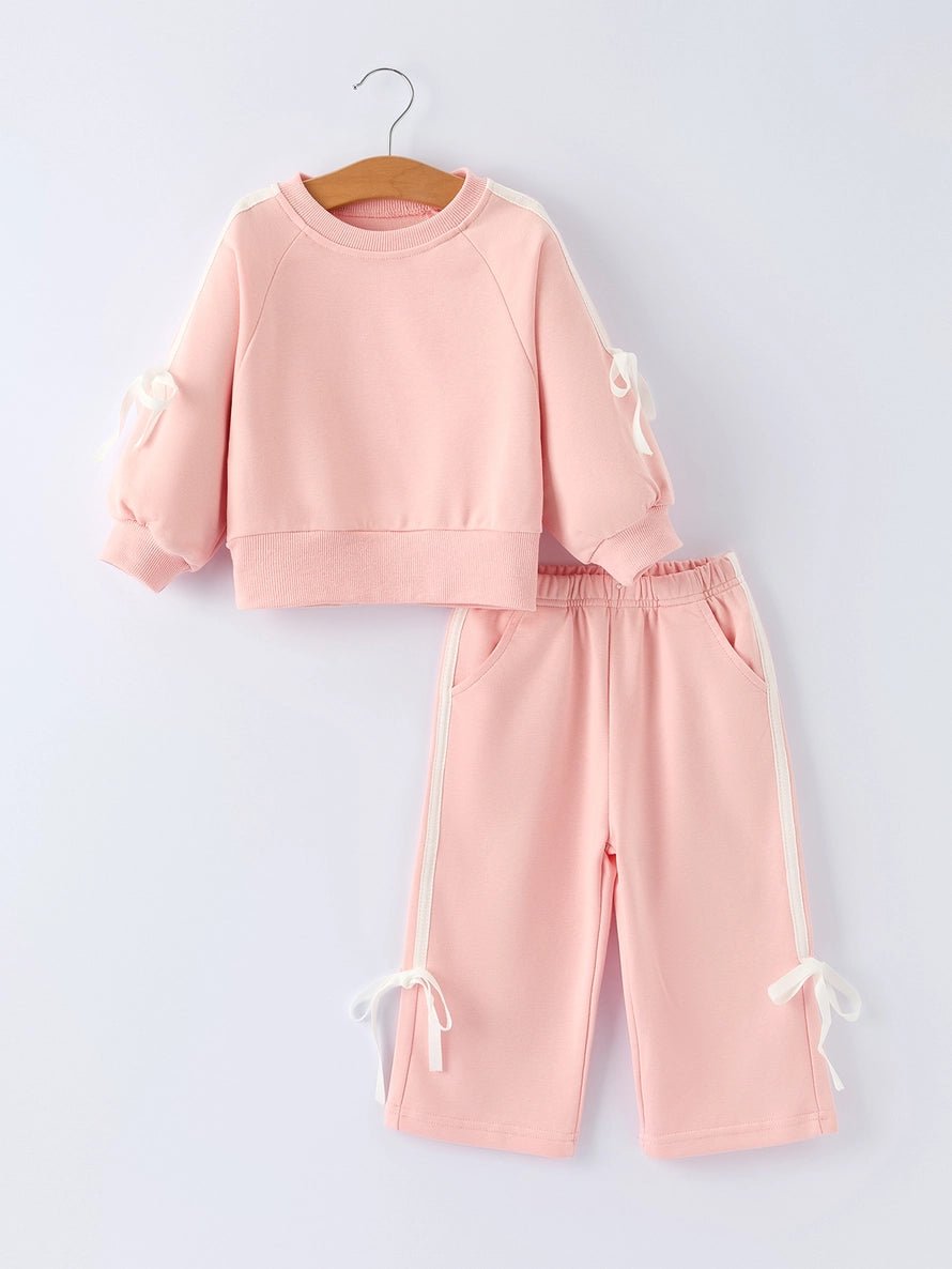 Girls Pink Bow Trim Sweatshirt & Pants Set - The Nines