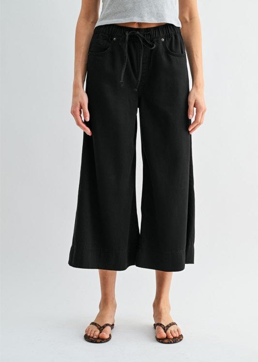 MICA Black Wide Leg Cropped Elastic Waist Pant - The Nines