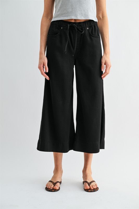 MICA Black Wide Leg Cropped Elastic Waist Pant - The Nines