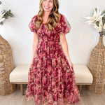 Floral Polka Dot Puff Sleeve Midi Dress - The Nines