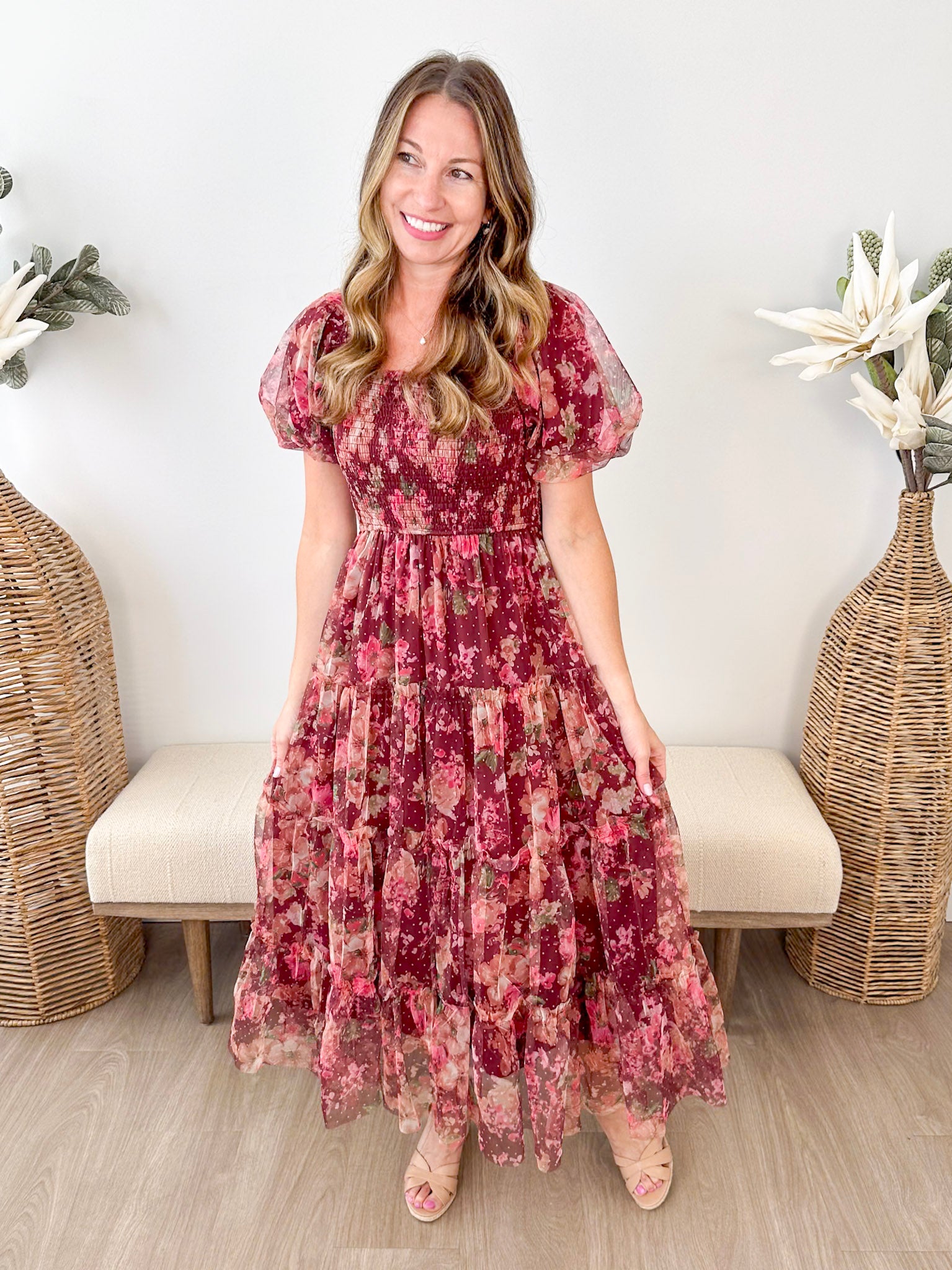 Floral Polka Dot Puff Sleeve Midi Dress