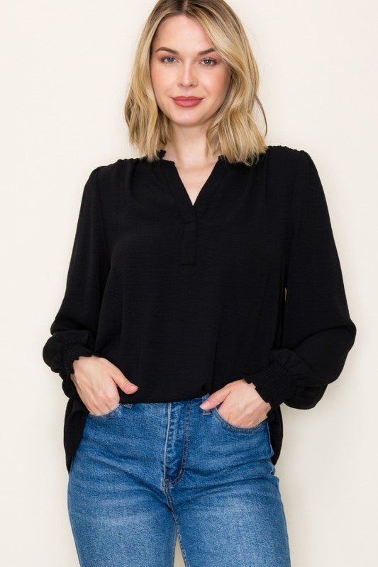 Split Neck Smocked Sleeve Top - 3 Colors! - The Nines