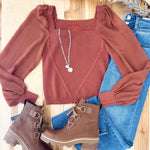 Rust Scalloped Neck Chiffon Top - The Nines