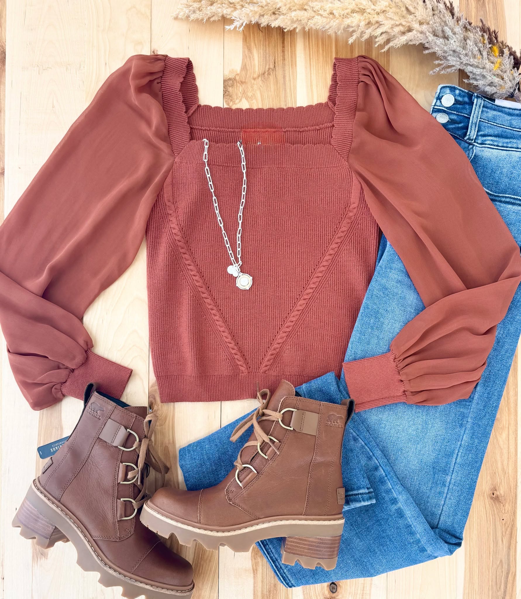 Rust Scalloped Neck Chiffon Top - The Nines