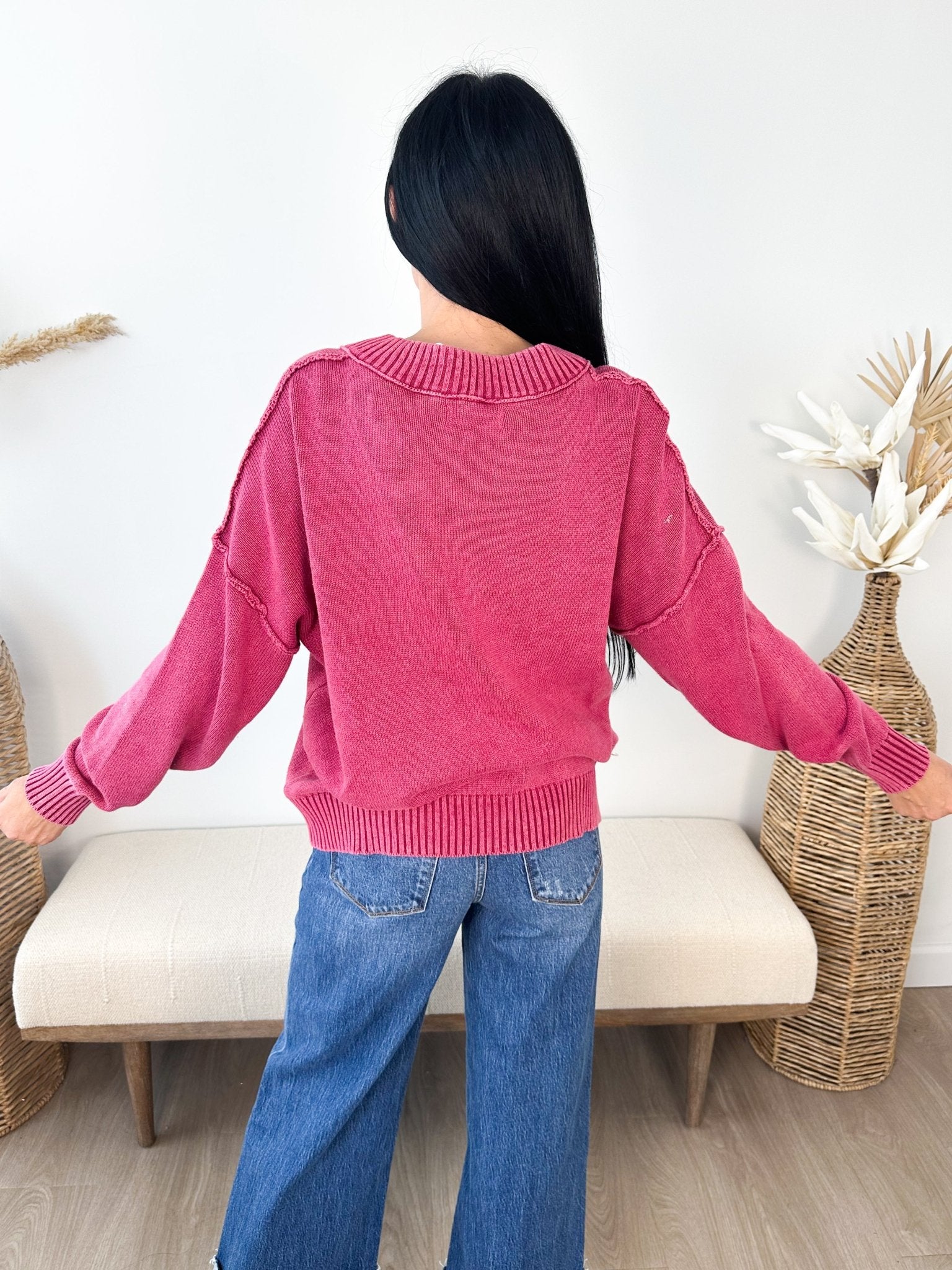 Washed Deep V-neck Oversized Sweater - The Nines