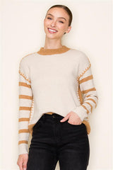 Camel & Cream Stitched Striped Sleeve Sweater