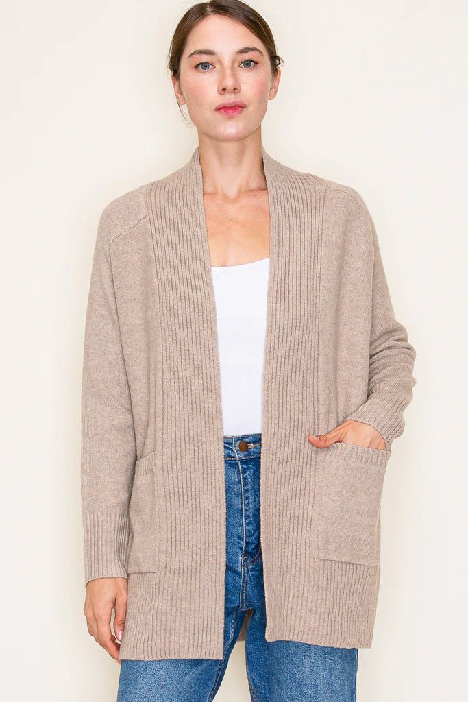 Basic Taupe Ribbed Edge Pocket Cardigan - The Nines