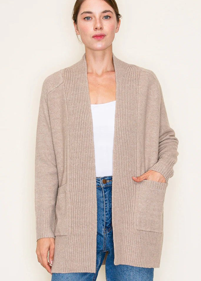 Basic Taupe Ribbed Edge Pocket Cardigan - The Nines