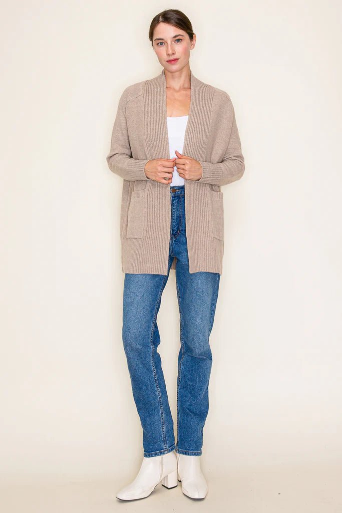 Basic Taupe Ribbed Edge Pocket Cardigan - The Nines