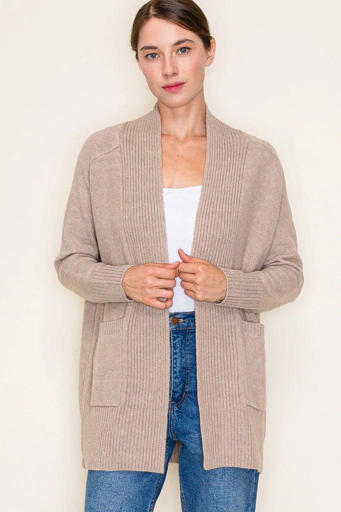 Basic Taupe Ribbed Edge Pocket Cardigan - The Nines