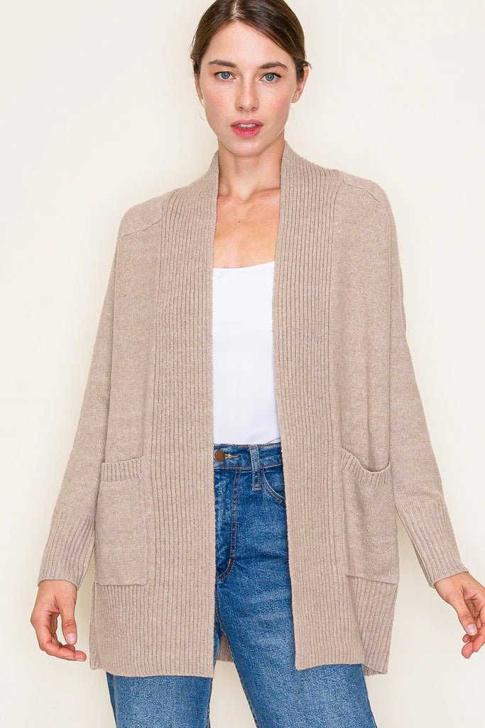 Basic Taupe Ribbed Edge Pocket Cardigan - The Nines