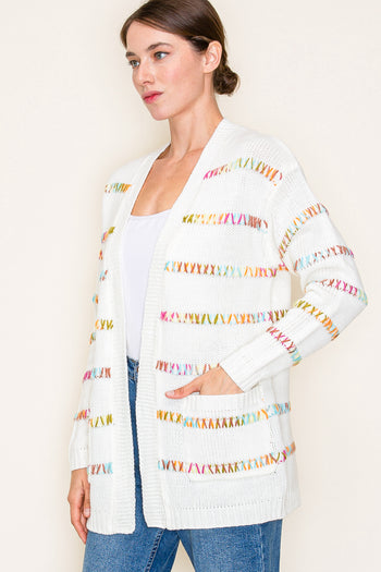 Ivory Multicolor Stitched Cardigan