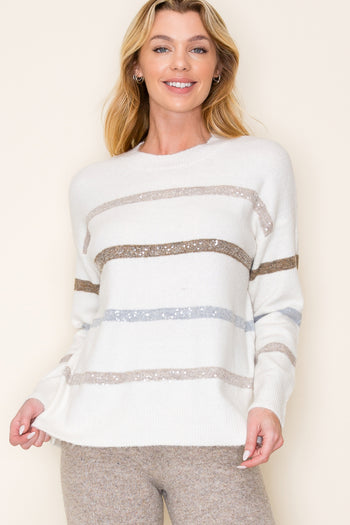 Mocha & Gray Striped Sequin Sweater