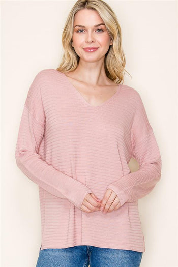 Rose Ribbed Vneck Pullover