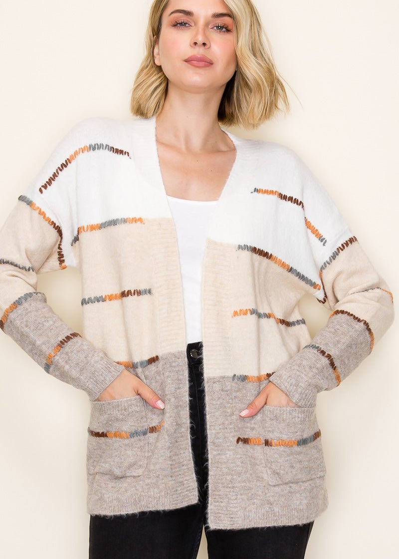 Taupe Stitched Colorblock Cardigan - The Nines