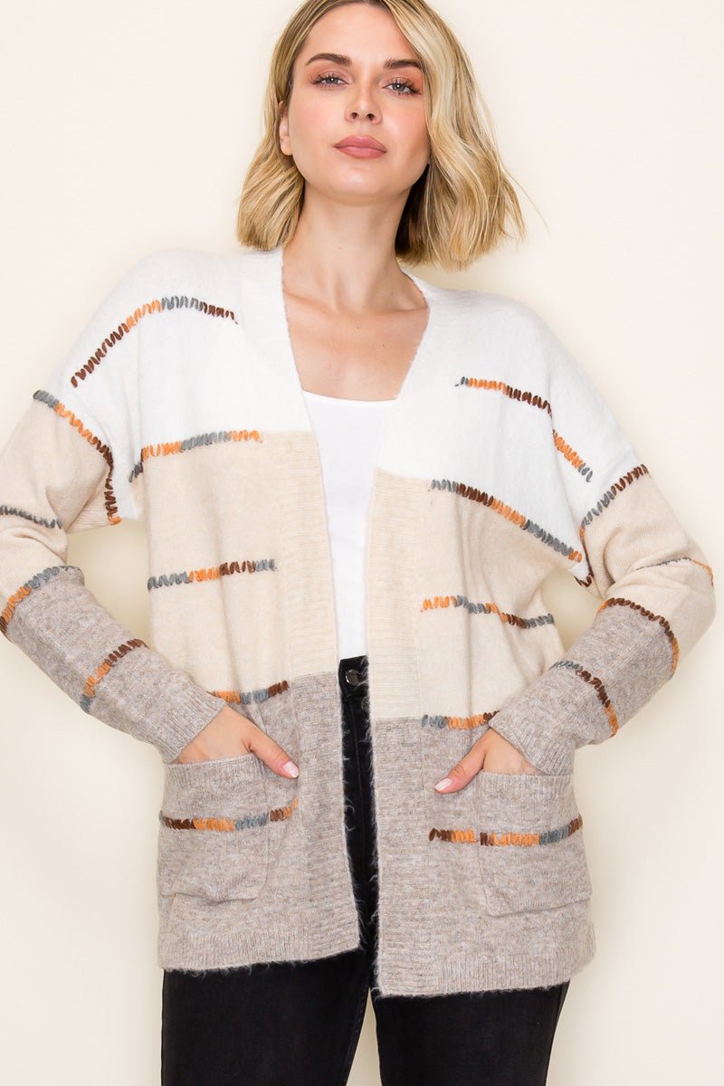 Taupe Stitched Colorblock Cardigan - The Nines
