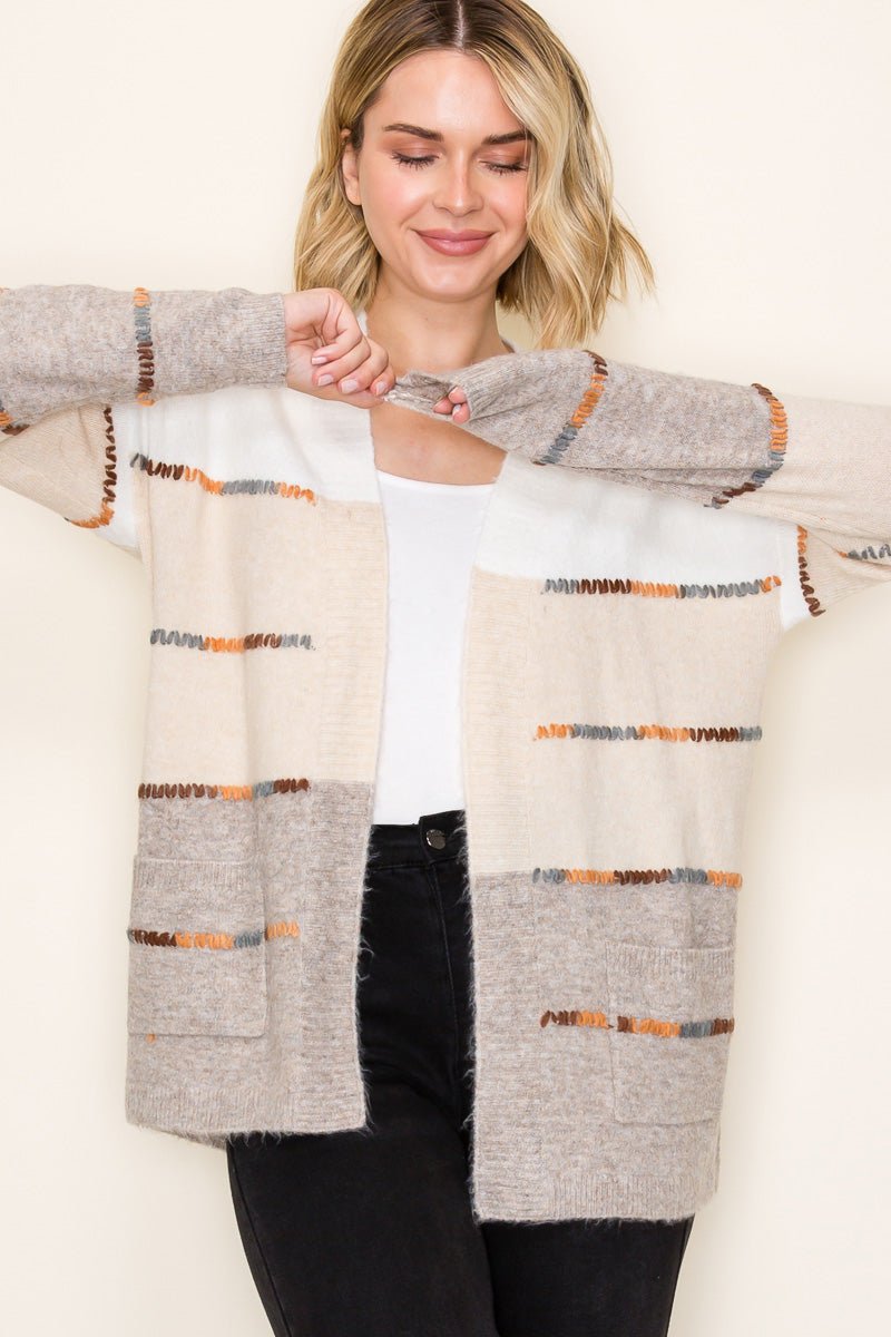 Taupe Stitched Colorblock Cardigan - The Nines