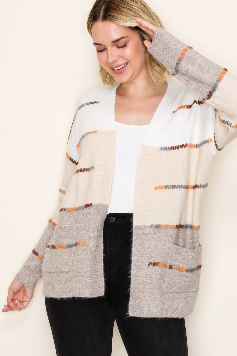 Taupe Stitched Colorblock Cardigan - The Nines