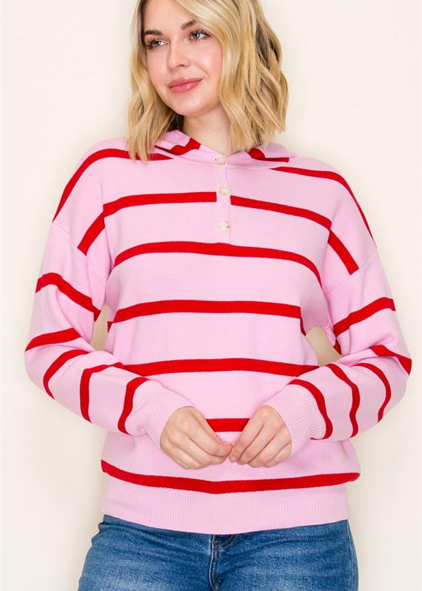 Pink & Red Striped Pullover Hoodie - The Nines