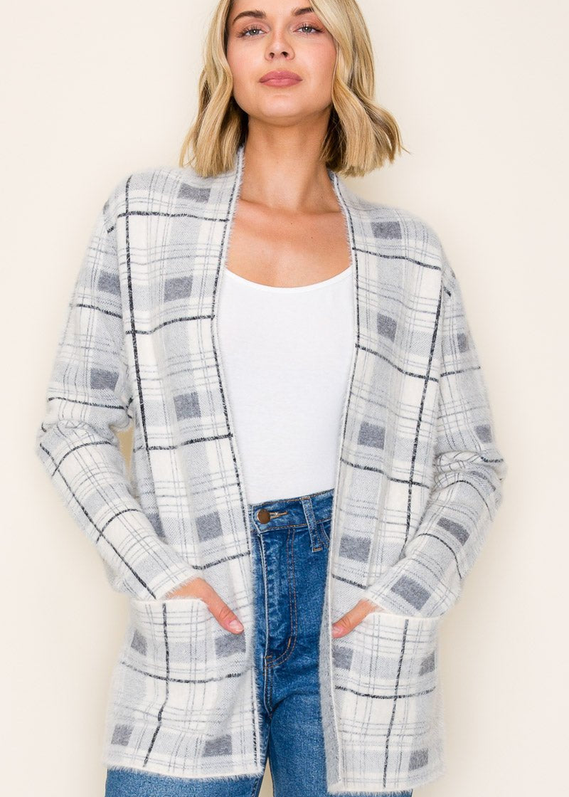 Gray & Ivory Soft Plaid Cardigan - The Nines