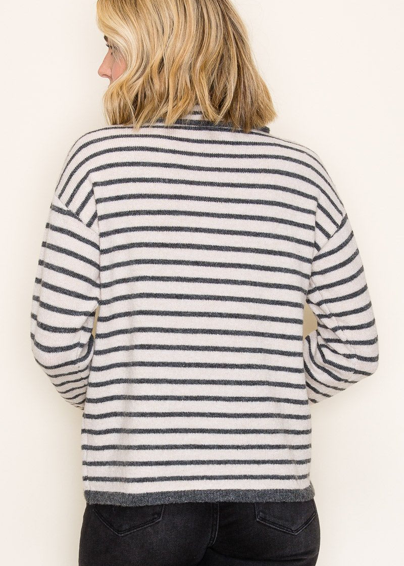Oatmeal & Charcoal Striped Snap Button Sweater - The Nines