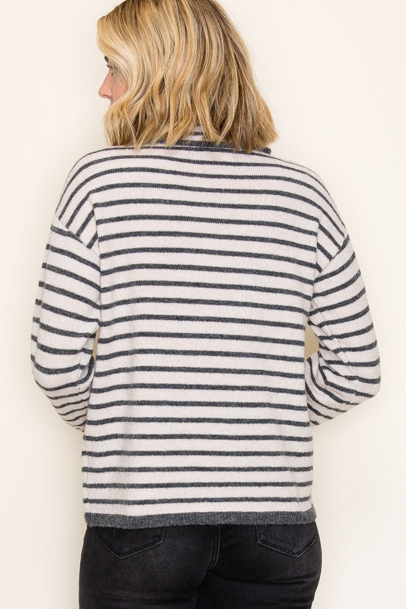 Oatmeal & Charcoal Striped Snap Button Sweater - The Nines