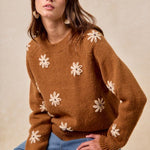 Floral Embroidered Dark Mocha Sweater - The Nines