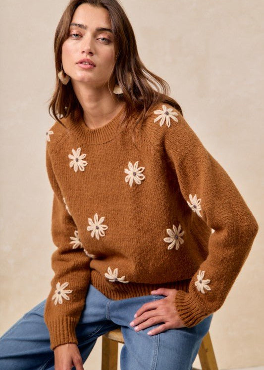 Floral Embroidered Dark Mocha Sweater - The Nines