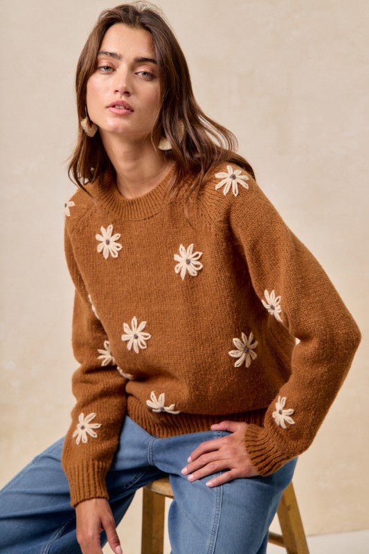 Floral Embroidered Dark Mocha Sweater - The Nines
