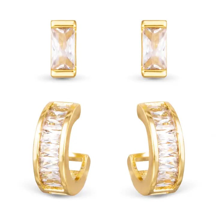 Baguette Huggie and Stud Duo Earrings - Gold - The Nines