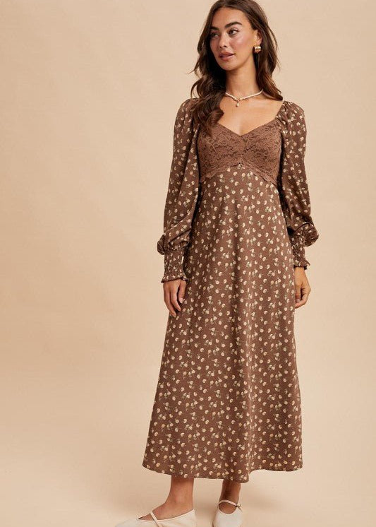 Mocha Mousse Lace Panel Floral Dress - The Nines