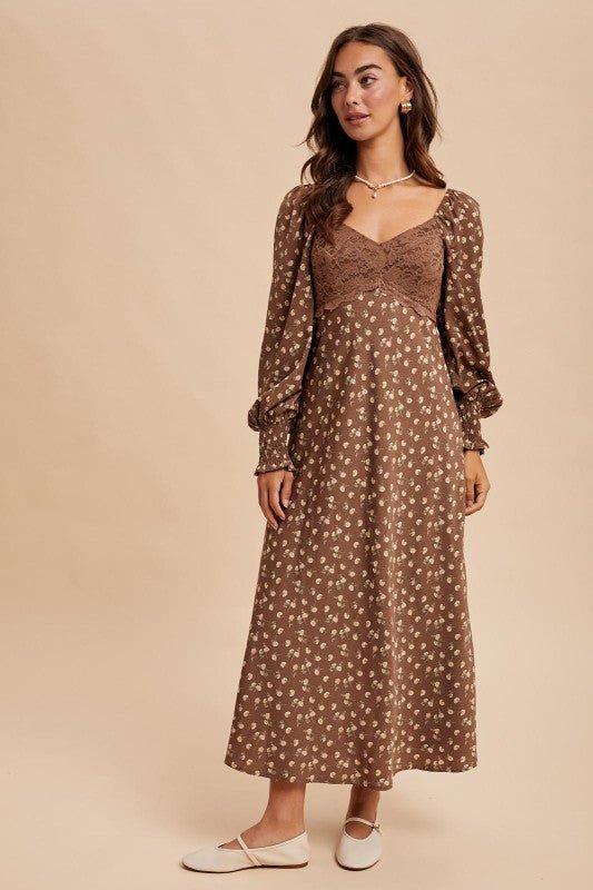 Mocha Mousse Lace Panel Floral Dress - The Nines