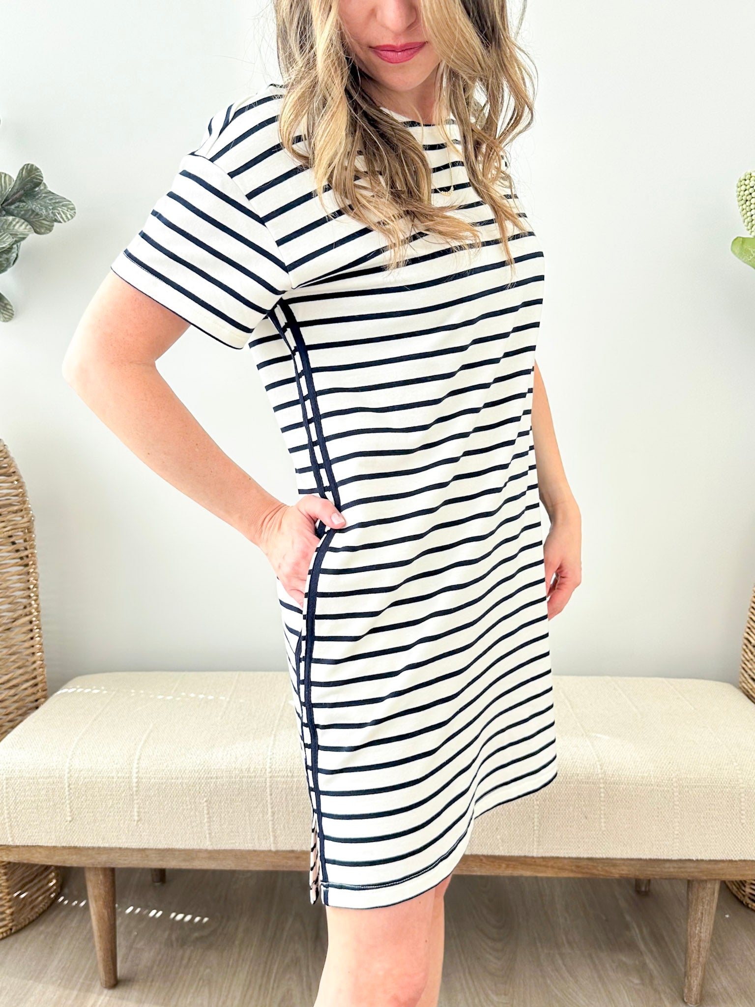 Side Trim Striped T-Shirt Mini Dress - The Nines