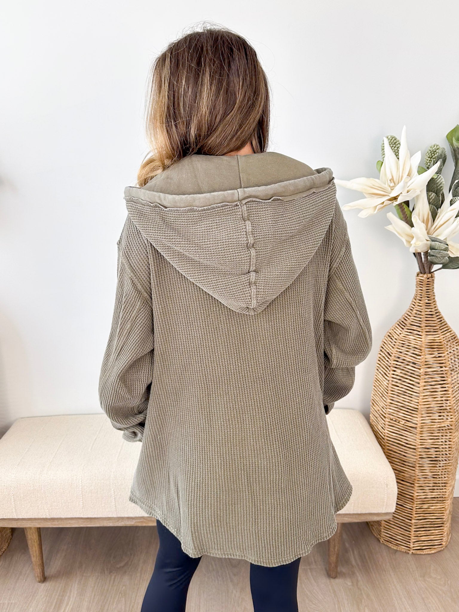 Mineral Wash Waffle Knit Hoodie Shacket - The Nines