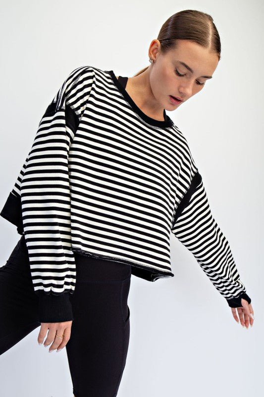 Black Striped Open Back Long Sleeve Top - The Nines