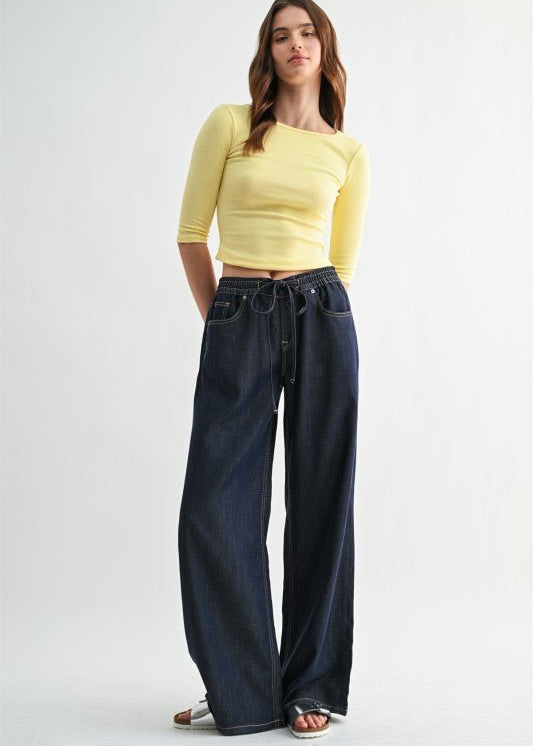 MICA High Rise Wide Leg Elastic Tie Waist Lyocell Jean - The Nines