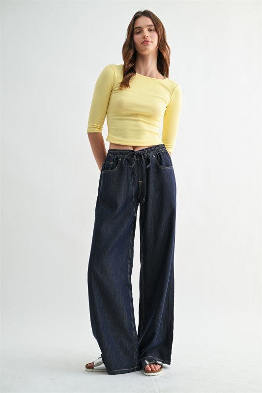 MICA High Rise Wide Leg Elastic Tie Waist Lyocell Jean - The Nines