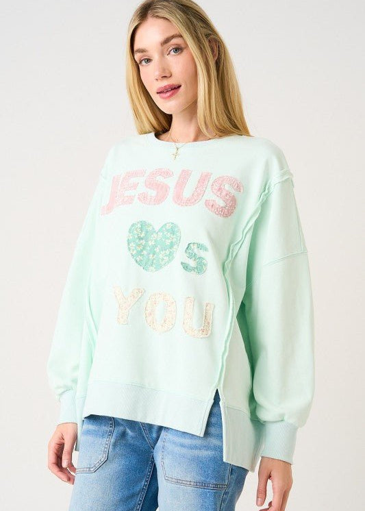 Jesus Loves You Patchwork Mint Sweatshirt - The Nines