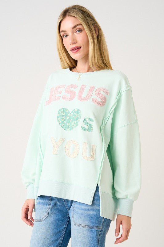 Jesus Loves You Patchwork Mint Sweatshirt - The Nines