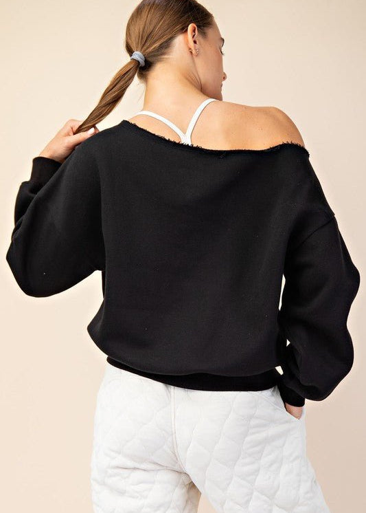 Black French Terry Off The Shoulder Pullover - The Nines
