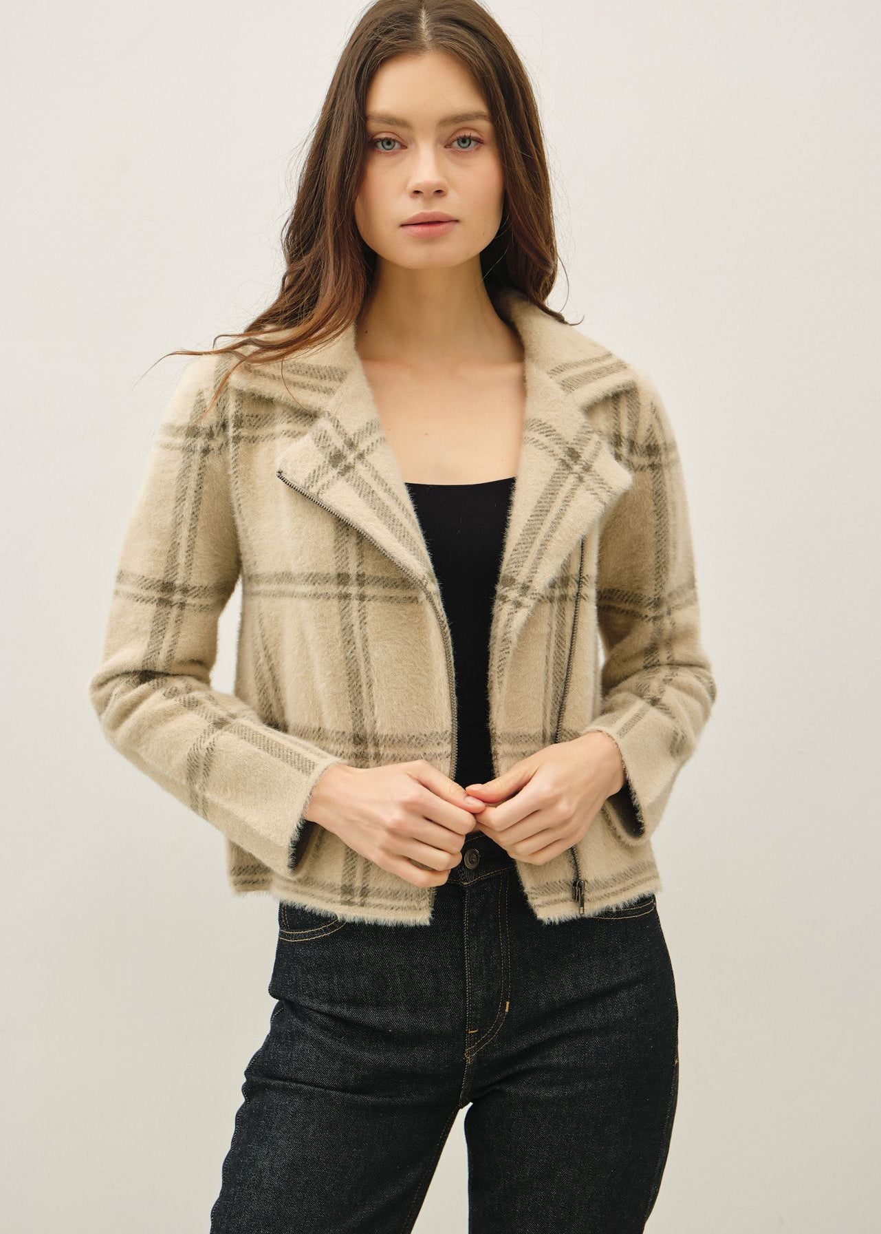 Khaki & Grey Fuzzy Zip Jacket - The Nines