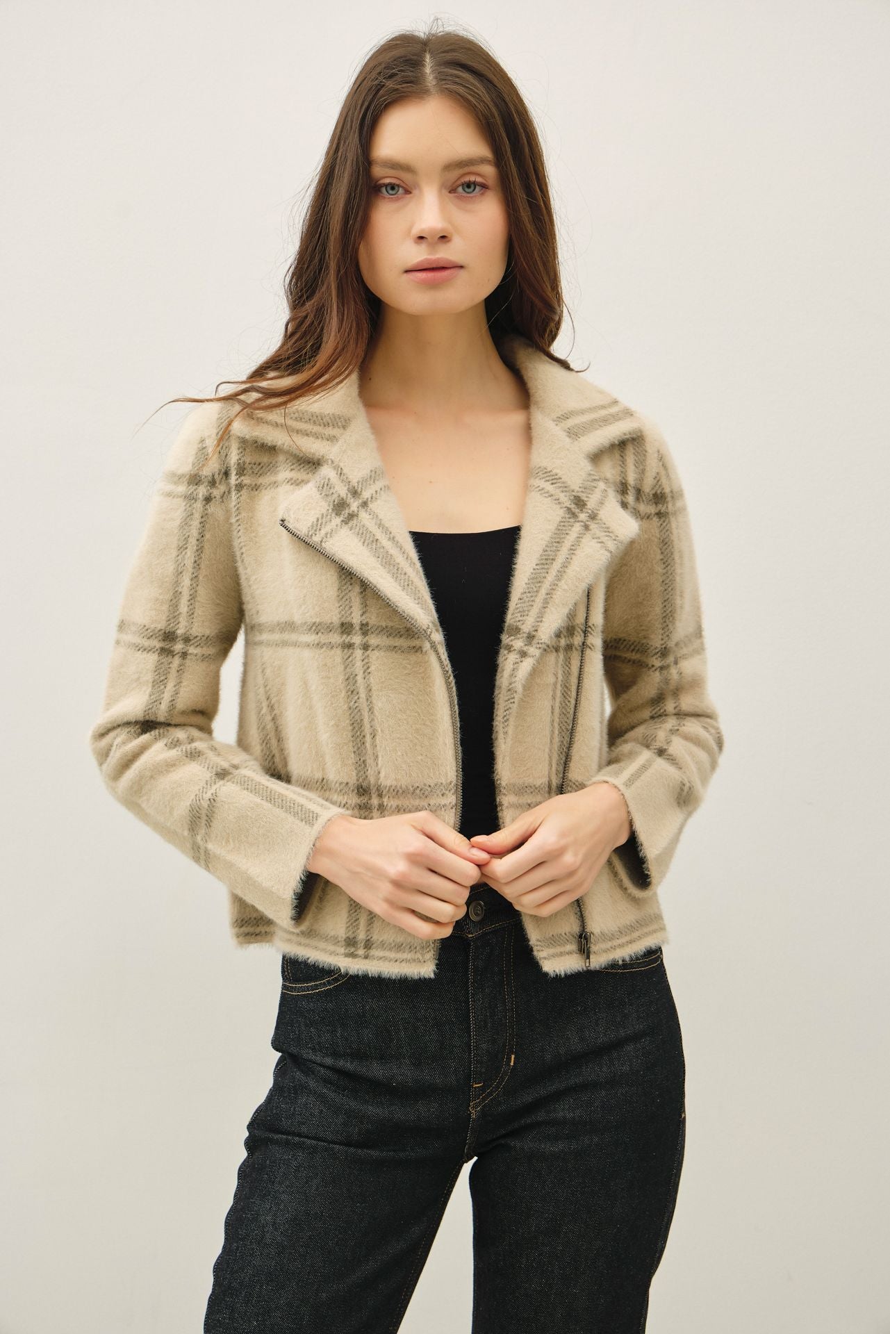 Khaki & Grey Fuzzy Zip Jacket - The Nines