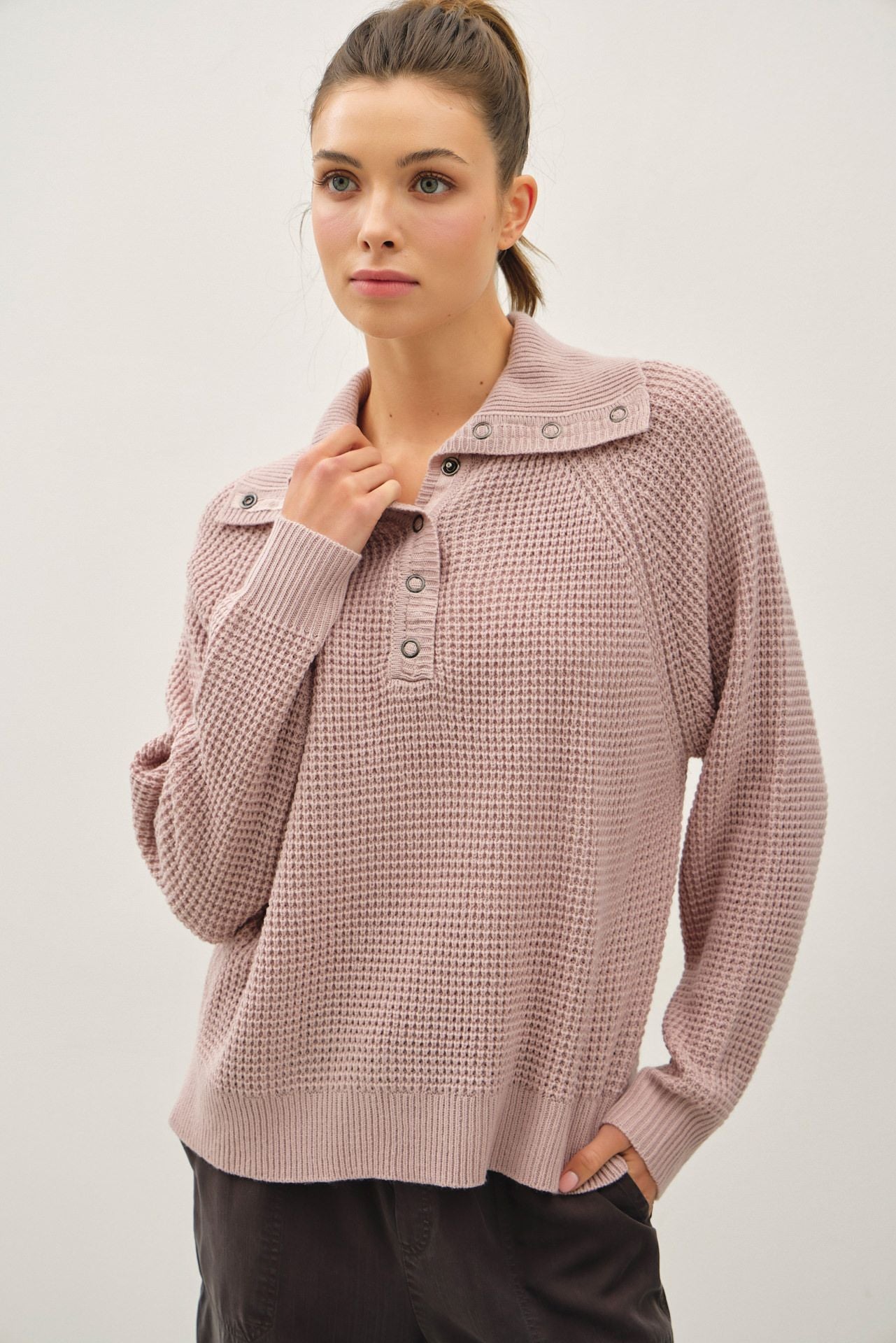 Waffle Snap Button Sweater - 2 Colors! - The Nines