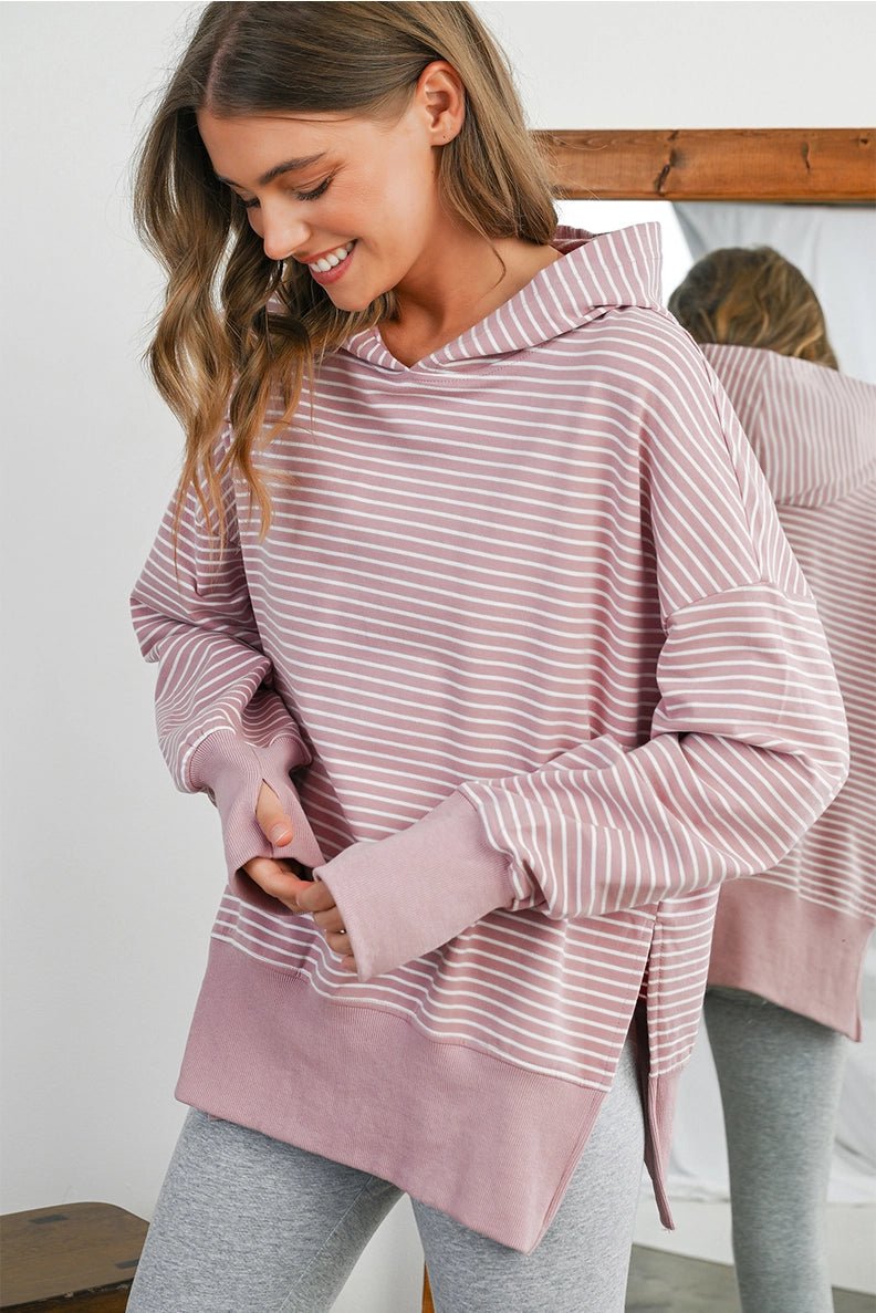 Striped Thumbhole Side Slit Hoodie - The Nines