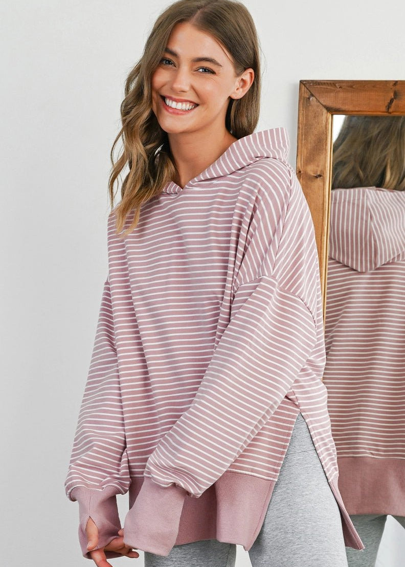 Striped Thumbhole Side Slit Hoodie - The Nines
